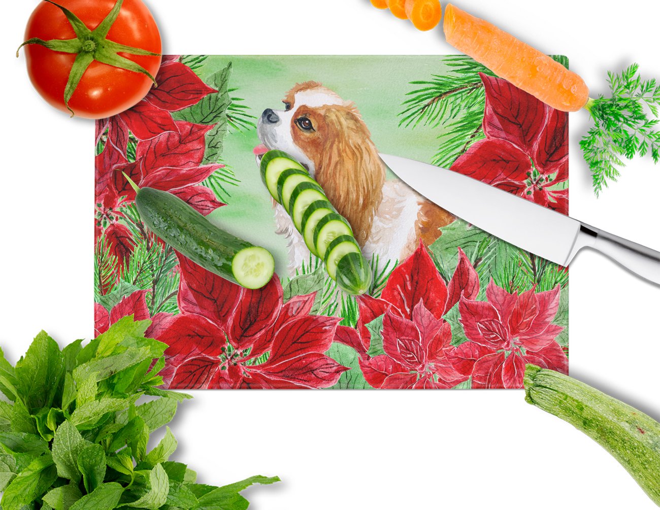 Cavalier Spaniel Poinsettas Cutting Board Tempered Glass Kitchen Cutting Surface, Heat Resistant Chopping, Non-Slip Feet, Food Prep & Serving