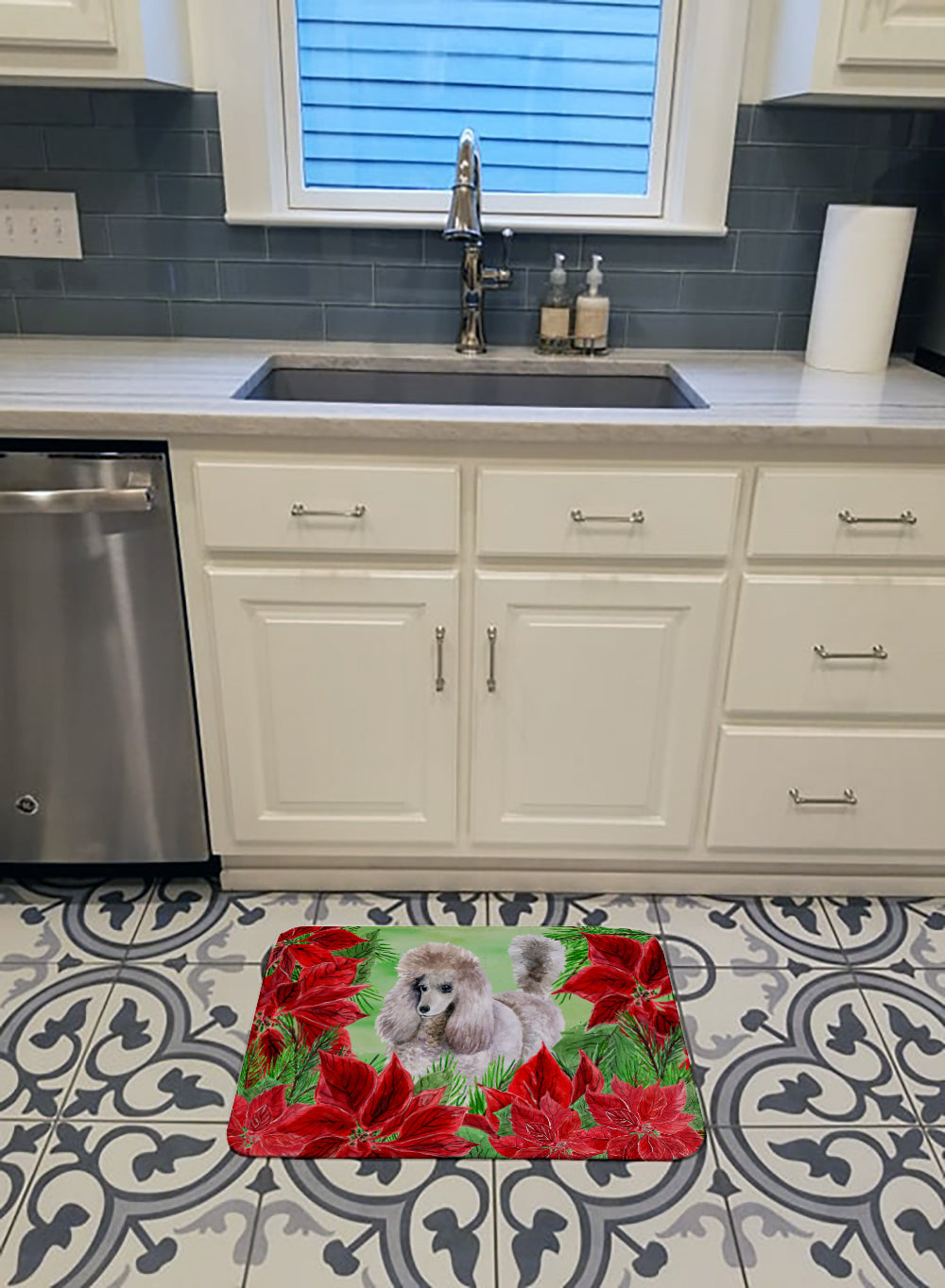 Poodle Poinsettas Memory Foam Kitchen Mat Machine Washable Anti-Fatigue Cushion Comfort Bath or Kitchen Rug