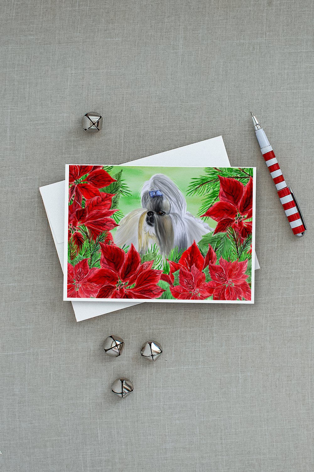 Shih Tzu Poinsettas Greeting Cards Pack of 8 Blank Cards with Envelopes Whimsical A7 Size 5x7