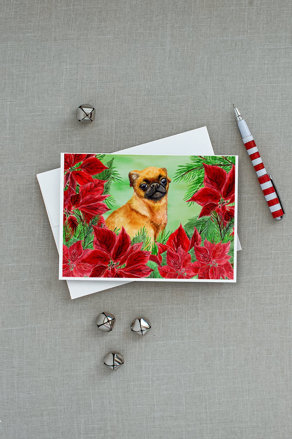 Small Brabant Griffon Poinsettas Greeting Cards Pack of 8 Blank Cards with Envelopes Whimsical A7 Size 5x7