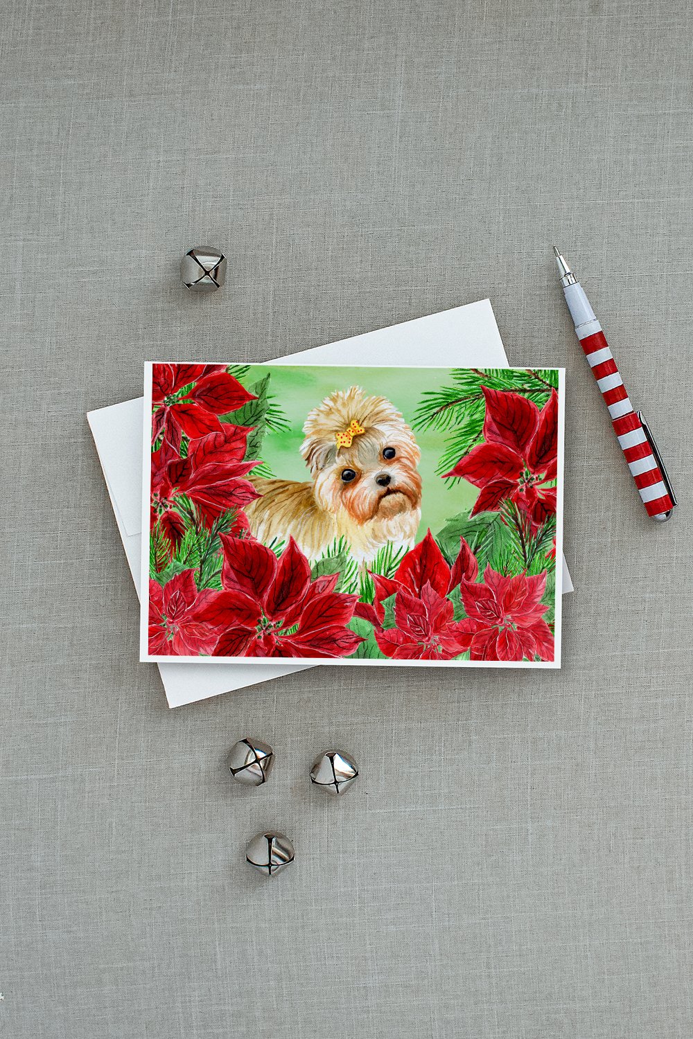 Morkie Poinsettas Greeting Cards Pack of 8 Blank Cards with Envelopes Whimsical A7 Size 5x7