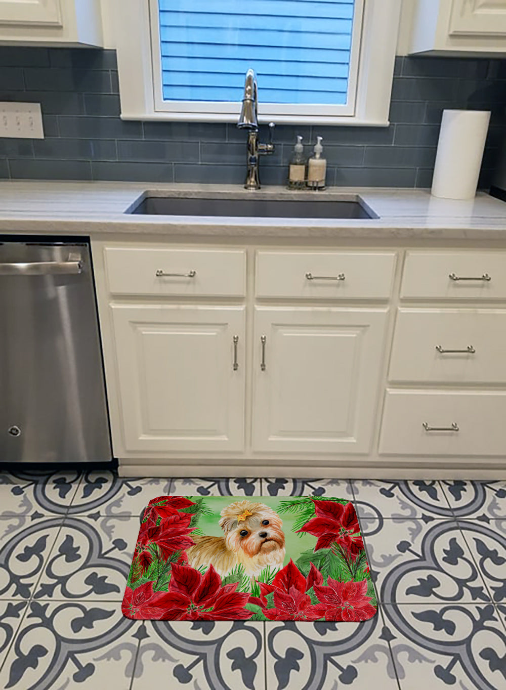 Morkie Poinsettas Memory Foam Kitchen Mat Machine Washable Anti-Fatigue Cushion Comfort Bath or Kitchen Rug