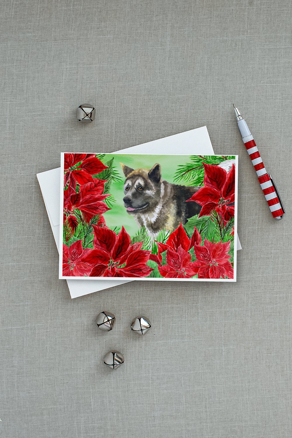 American Akita Poinsettas Greeting Cards Pack of 8 Blank Cards with Envelopes Whimsical A7 Size 5x7