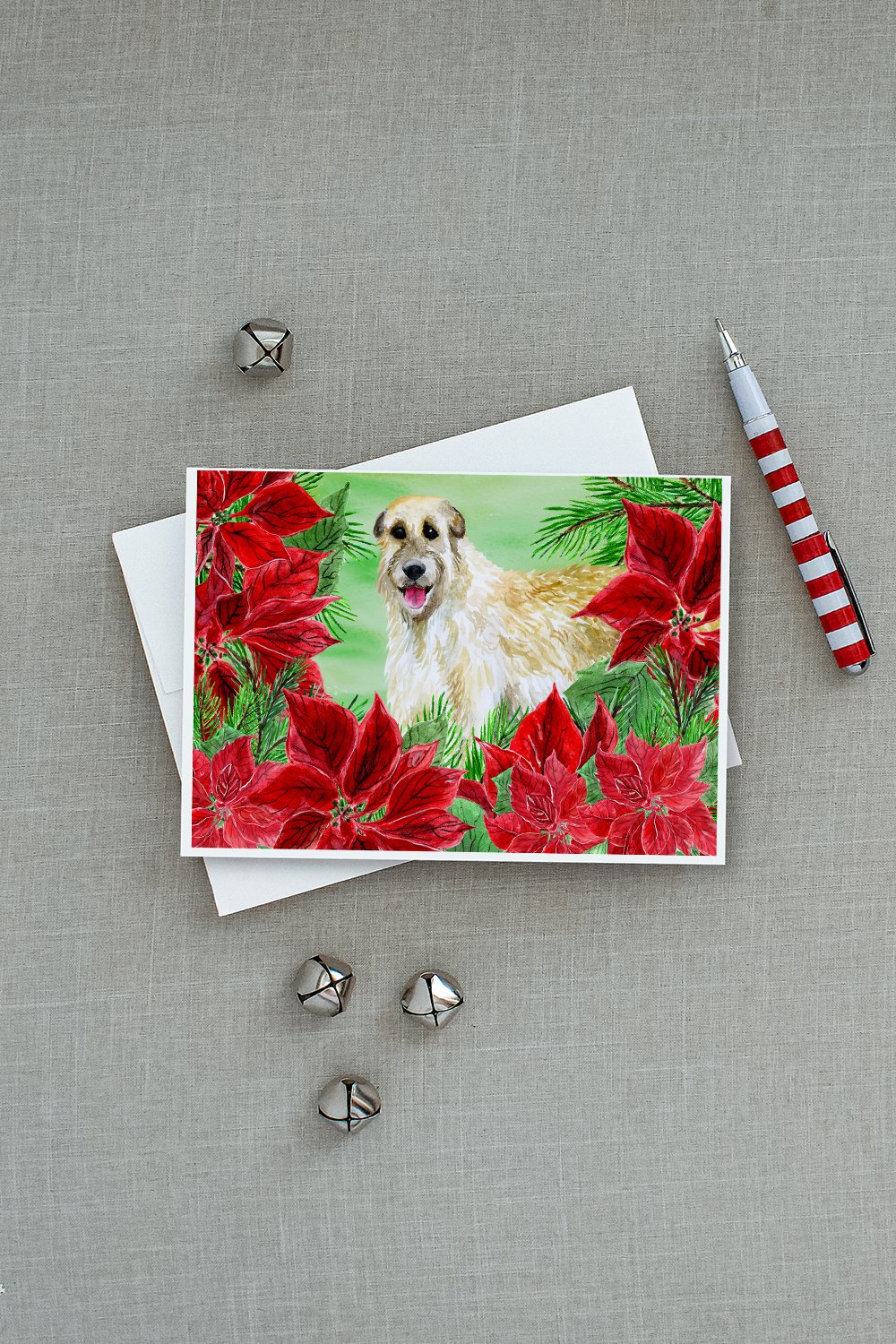 Irish Wolfhound Poinsettas Greeting Cards Pack of 8 Blank Cards with Envelopes Whimsical A7 Size 5x7