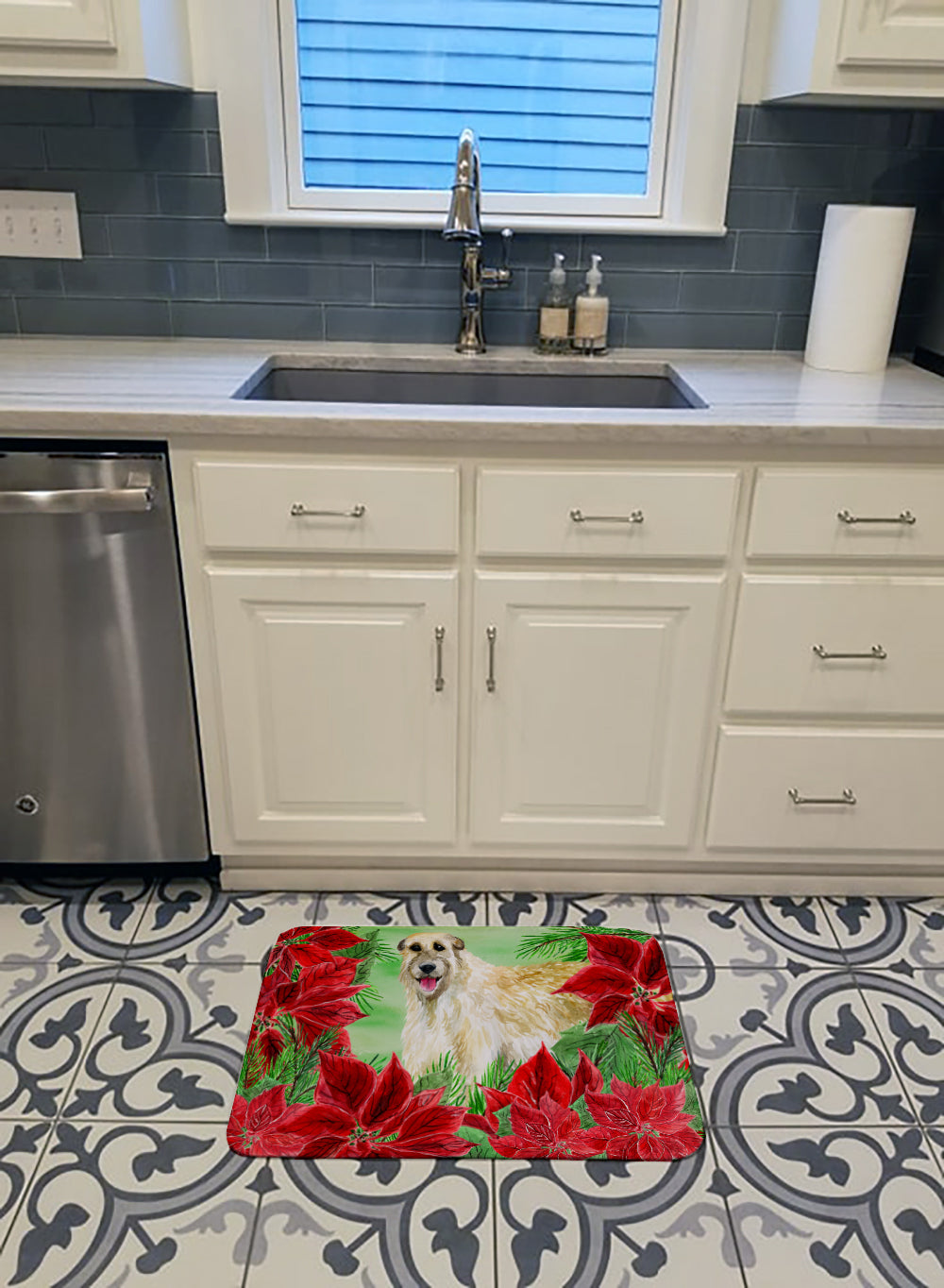 Irish Wolfhound Poinsettas Memory Foam Kitchen Mat Machine Washable Anti-Fatigue Cushion Comfort Bath or Kitchen Rug