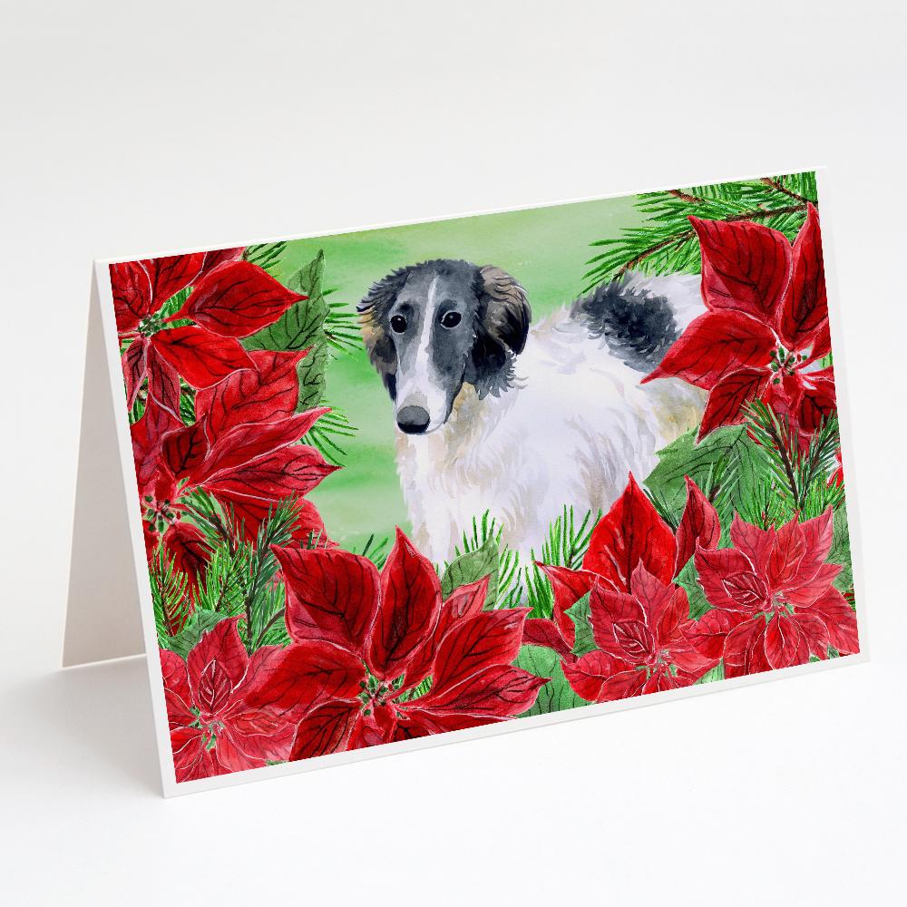 Borzoi Poinsettas Greeting Cards Pack of 8 Blank Cards with Envelopes Whimsical A7 Size 5x7