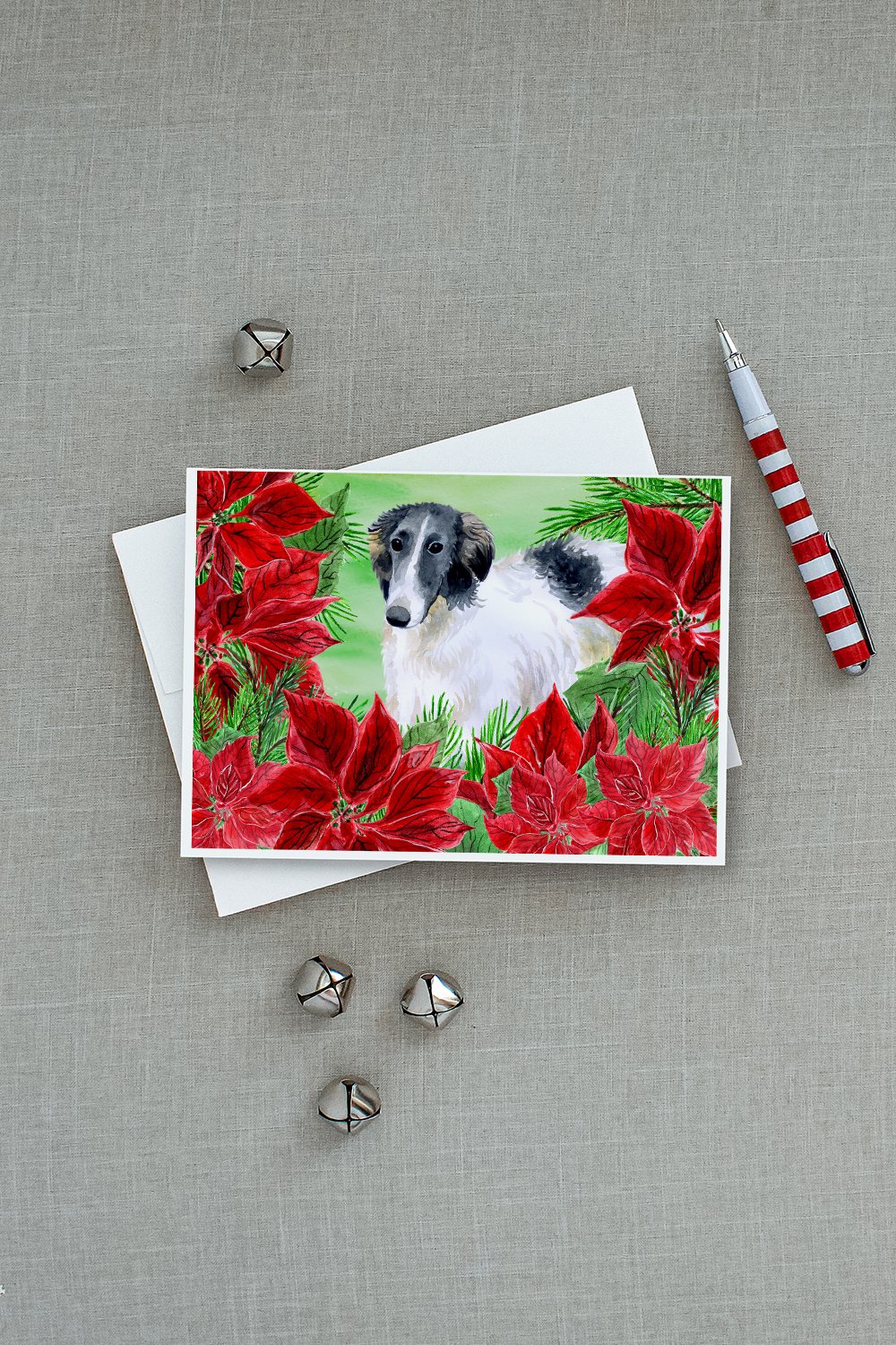 Borzoi Poinsettas Greeting Cards Pack of 8 Blank Cards with Envelopes Whimsical A7 Size 5x7