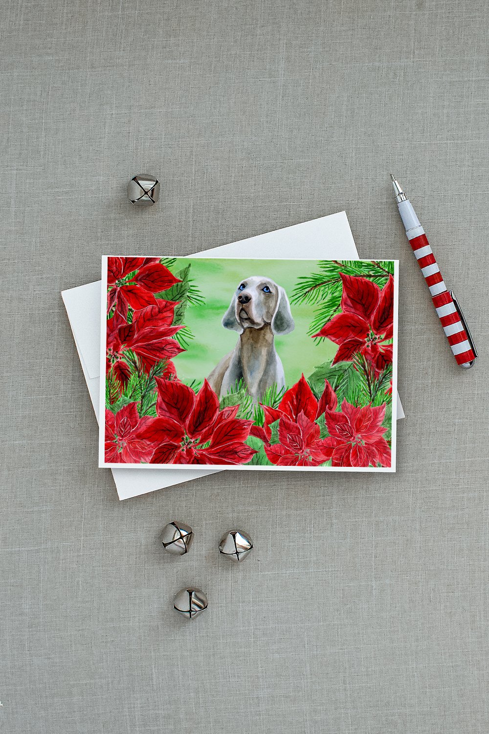 Weimaraner Poinsettas Greeting Cards Pack of 8 Blank Cards with Envelopes Whimsical A7 Size 5x7