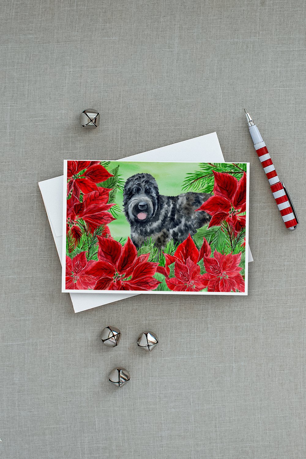 Black Russian Terrier Poinsettas Greeting Cards Pack of 8 Blank Cards with Envelopes Whimsical A7 Size 5x7