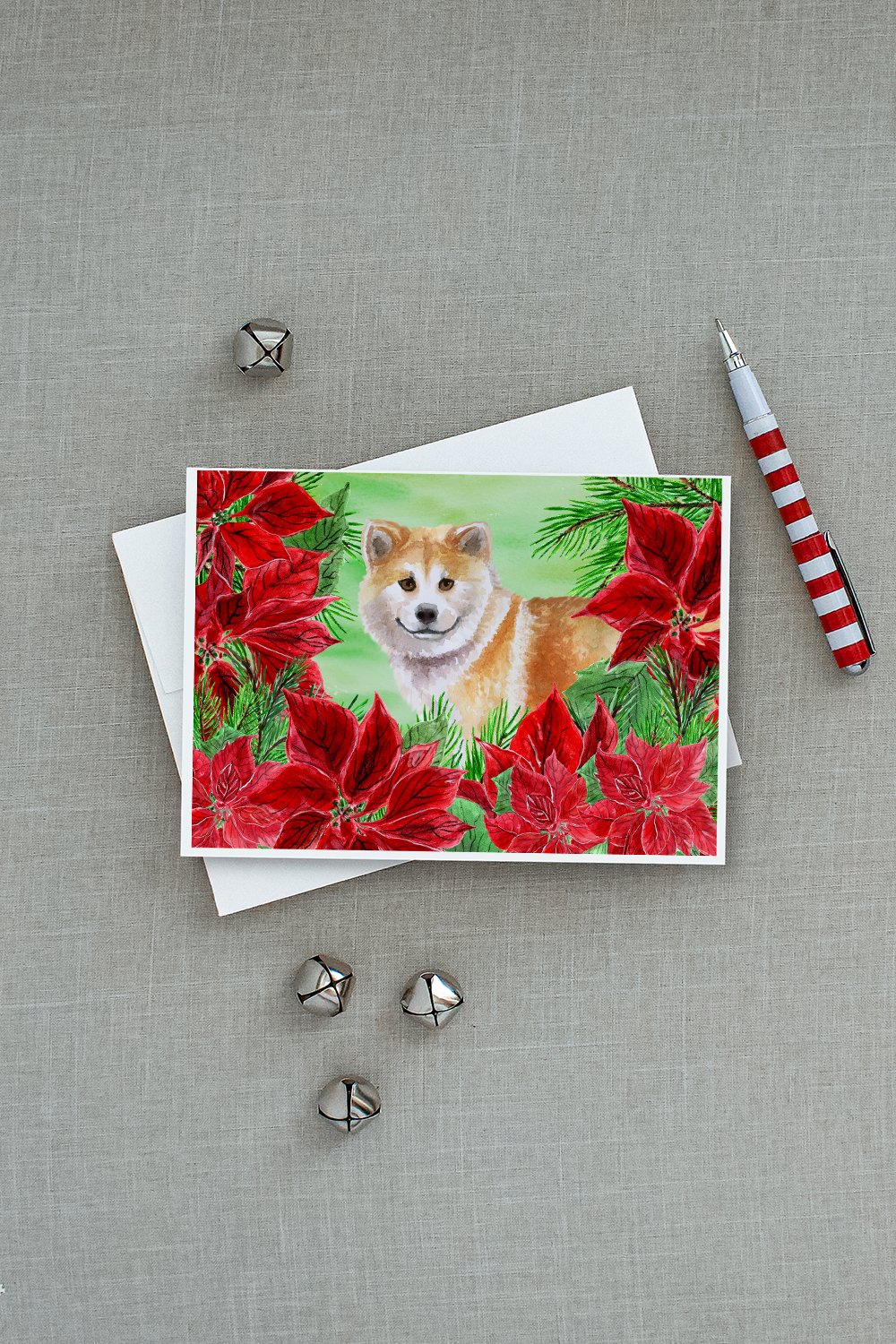 Shiba Inu Poinsettas Greeting Cards Pack of 8 Blank Cards with Envelopes Whimsical A7 Size 5x7