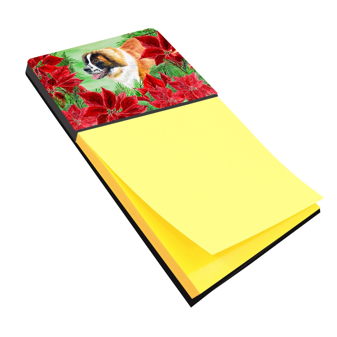 Saint Bernard Poinsettas Watercolor Sticky Note Holder Refillable Dispenser Desk Accessory 3x3 Pad Gift