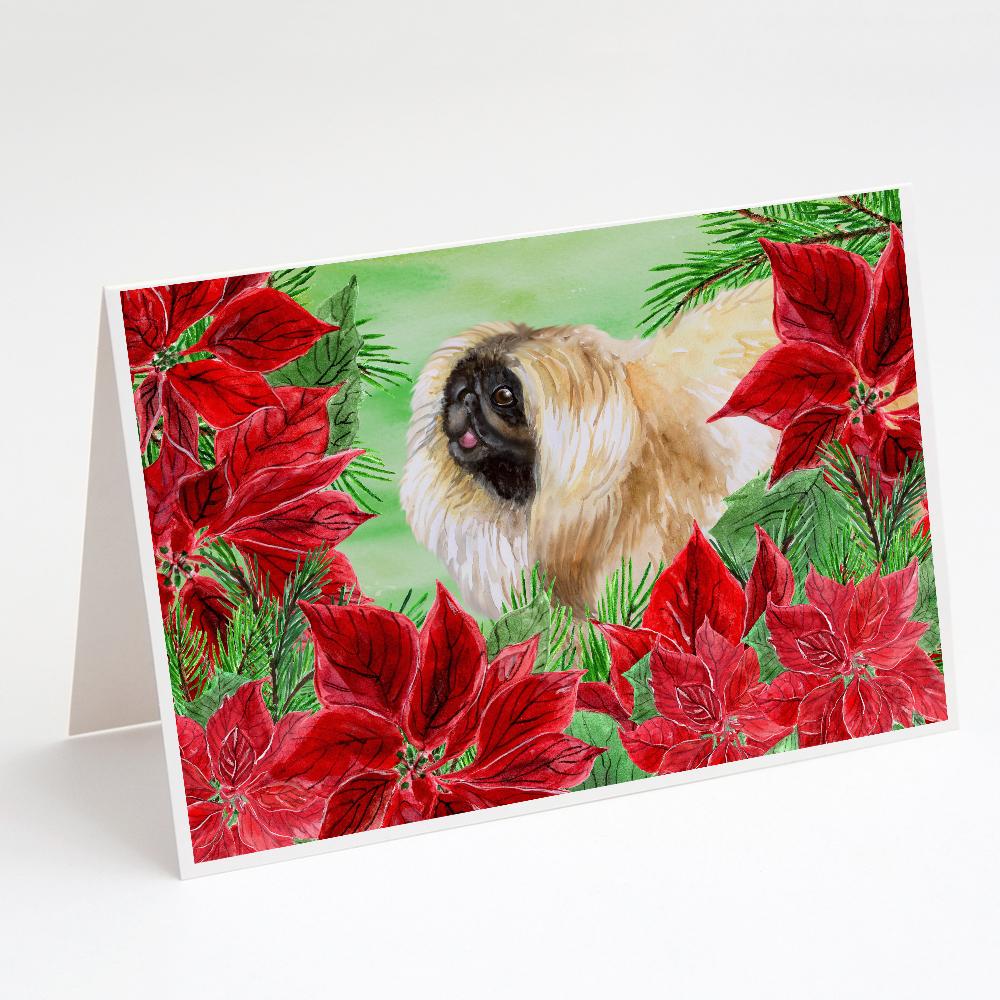Pekingese Poinsettas Greeting Cards Pack of 8 Blank Cards with Envelopes Whimsical A7 Size 5x7