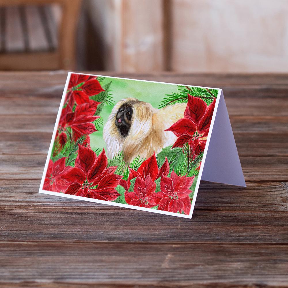 Pekingese Poinsettas Greeting Cards Pack of 8 Blank Cards with Envelopes Whimsical A7 Size 5x7