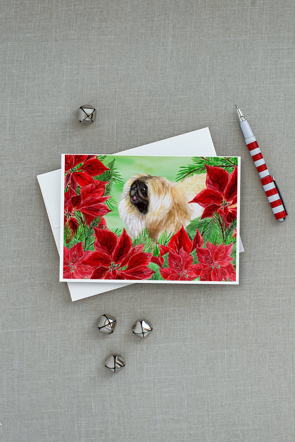 Pekingese Poinsettas Greeting Cards Pack of 8 Blank Cards with Envelopes Whimsical A7 Size 5x7
