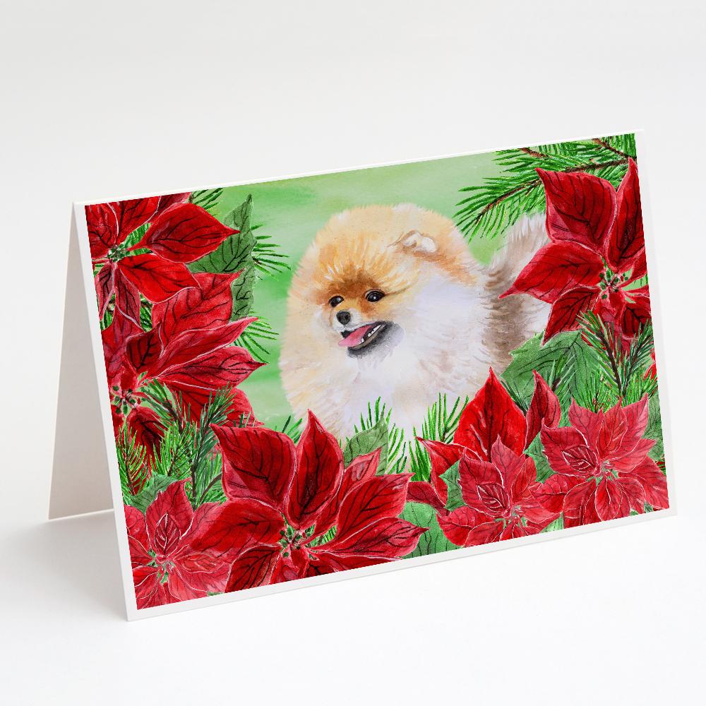 Pomeranian Poinsettas Greeting Cards Pack of 8 Blank Cards with Envelopes Whimsical A7 Size 5x7