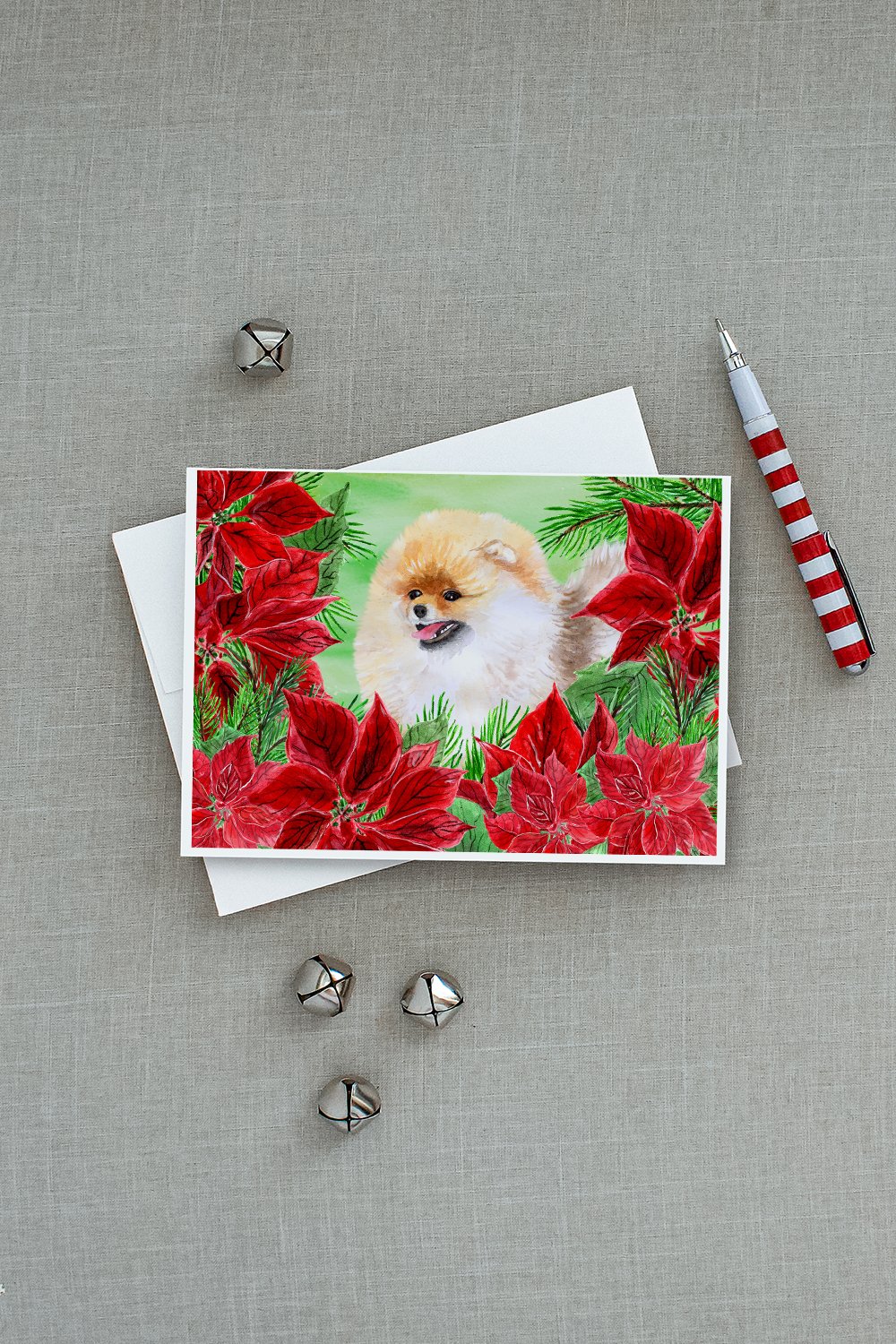 Pomeranian Poinsettas Greeting Cards Pack of 8 Blank Cards with Envelopes Whimsical A7 Size 5x7