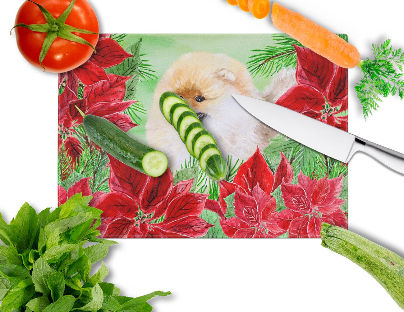 Pomeranian Poinsettas Cutting Board Tempered Glass Kitchen Cutting Surface, Heat Resistant Chopping, Non-Slip Feet, Food Prep & Serving