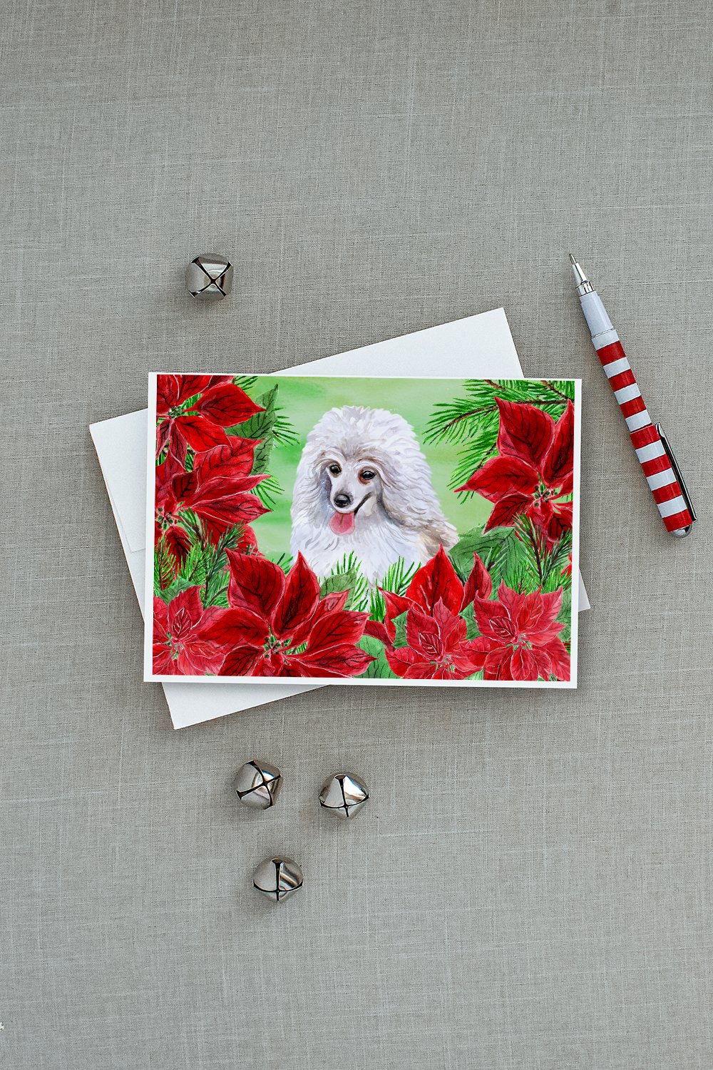 Medium White Poodle Poinsettas Greeting Cards Pack of 8 Blank Cards with Envelopes Whimsical A7 Size 5x7