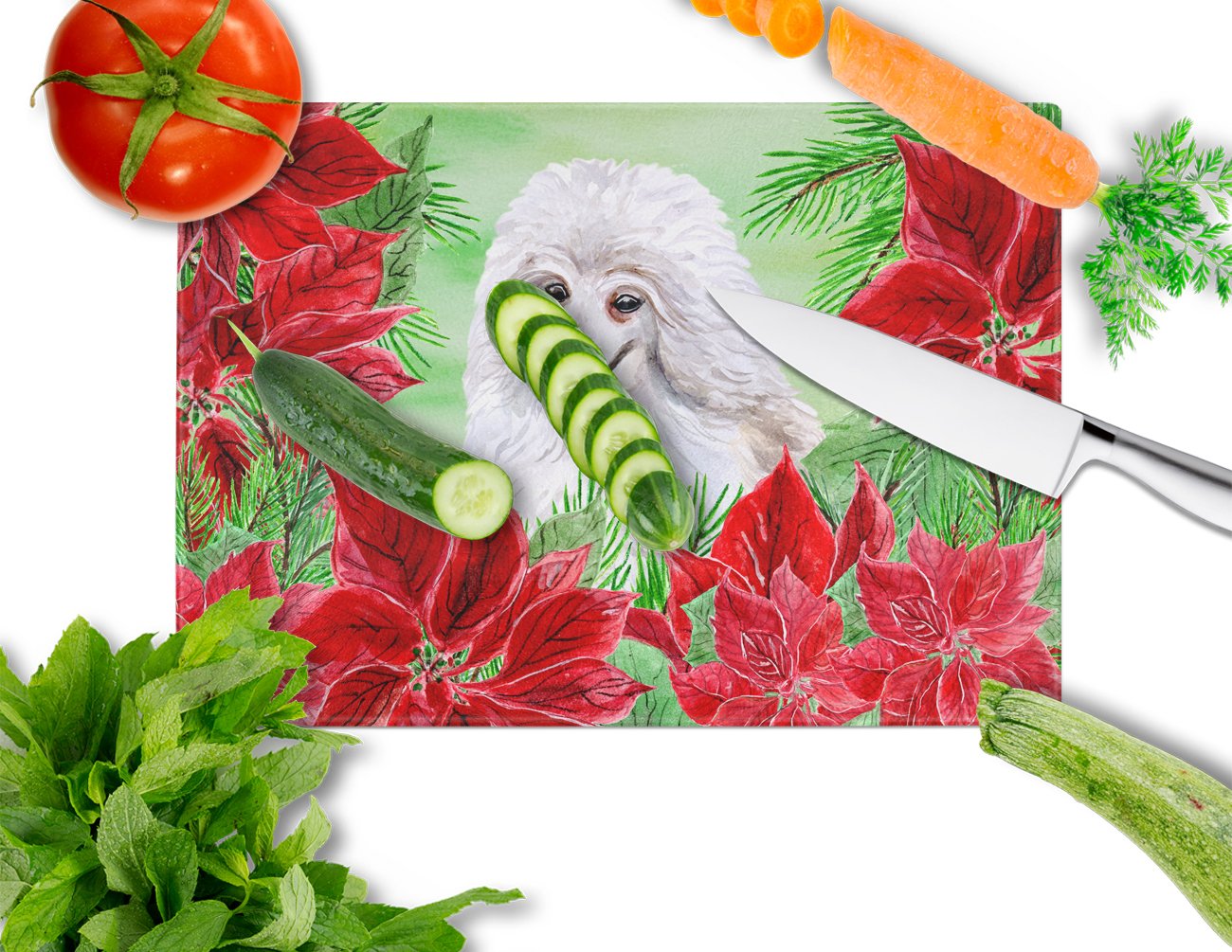 Medium White Poodle Poinsettas Cutting Board Tempered Glass Kitchen Cutting Surface, Heat Resistant Chopping, Non-Slip Feet, Food Prep & Serving
