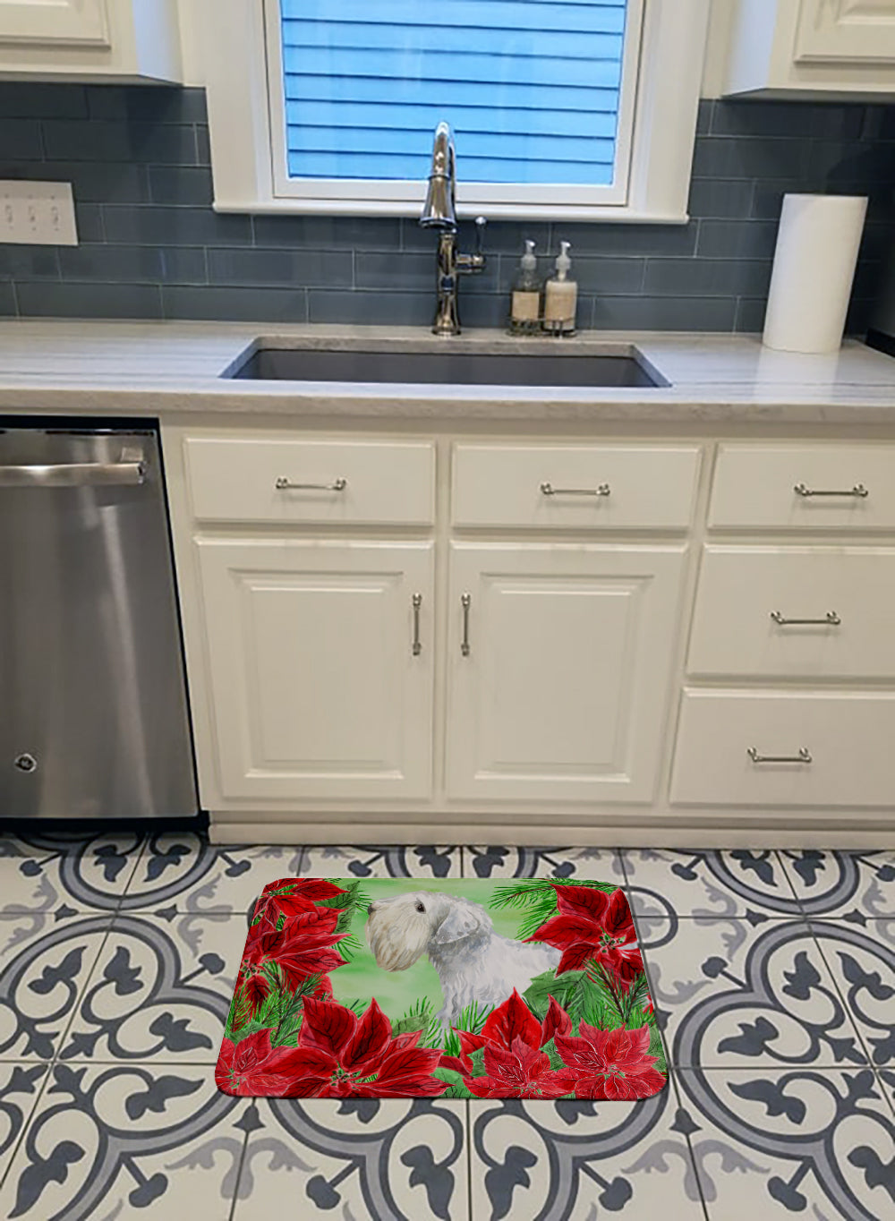 Sealyham Terrier Poinsettas Memory Foam Kitchen Mat Machine Washable Anti-Fatigue Cushion Comfort Bath or Kitchen Rug