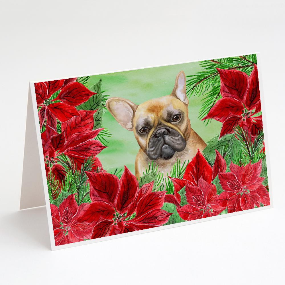 French Bulldog Poinsettas Greeting Cards Pack of 8 Blank Cards with Envelopes Whimsical A7 Size 5x7