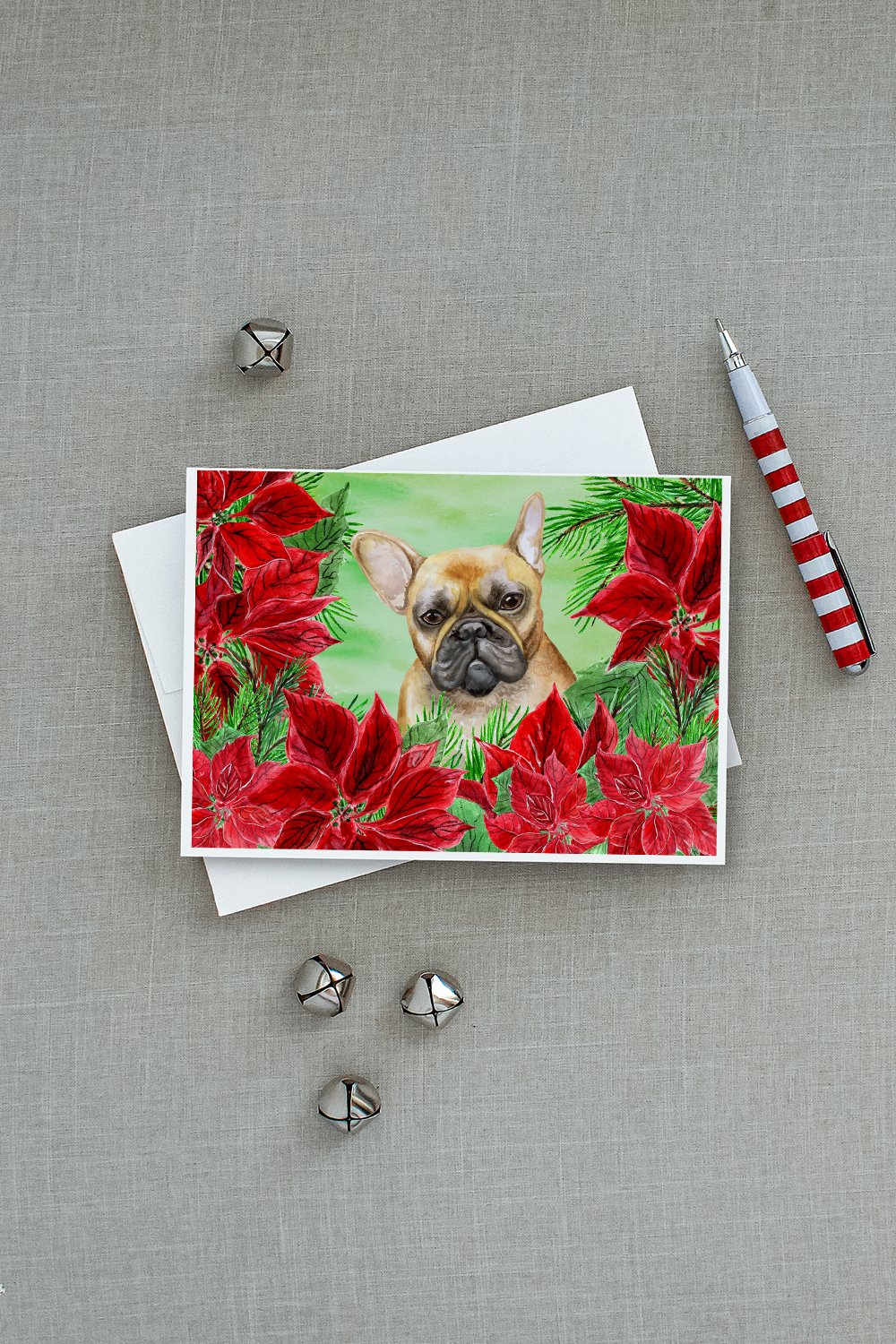 French Bulldog Poinsettas Greeting Cards Pack of 8 Blank Cards with Envelopes Whimsical A7 Size 5x7