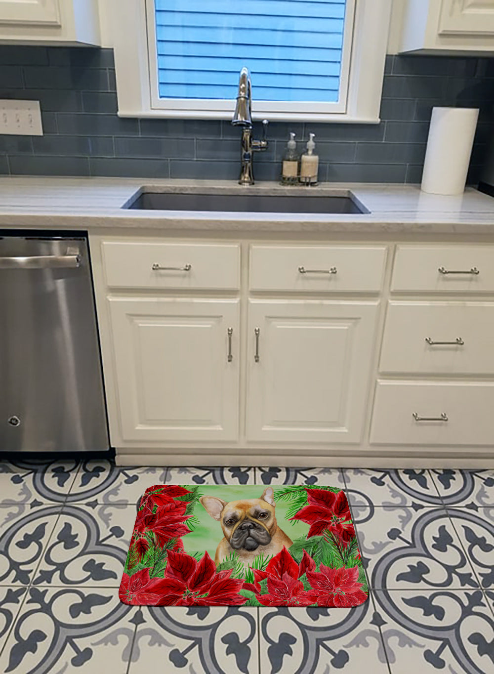 French Bulldog Poinsettas Memory Foam Kitchen Mat Machine Washable Anti-Fatigue Cushion Comfort Bath or Kitchen Rug