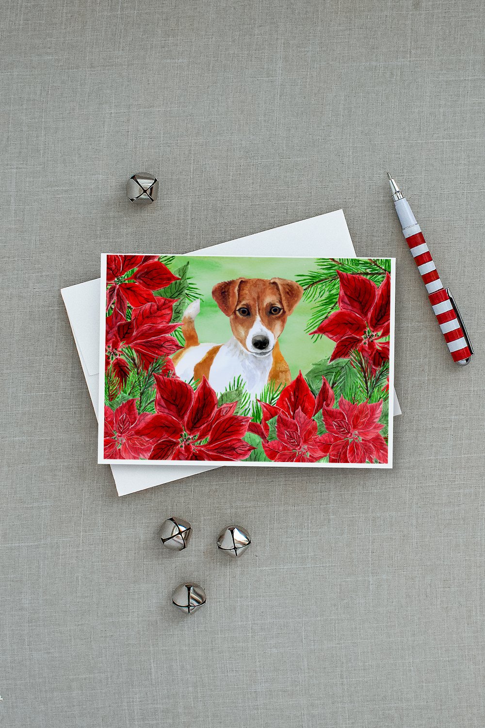 Jack Russell Terrier Poinsettas Greeting Cards Pack of 8 Blank Cards with Envelopes Whimsical A7 Size 5x7