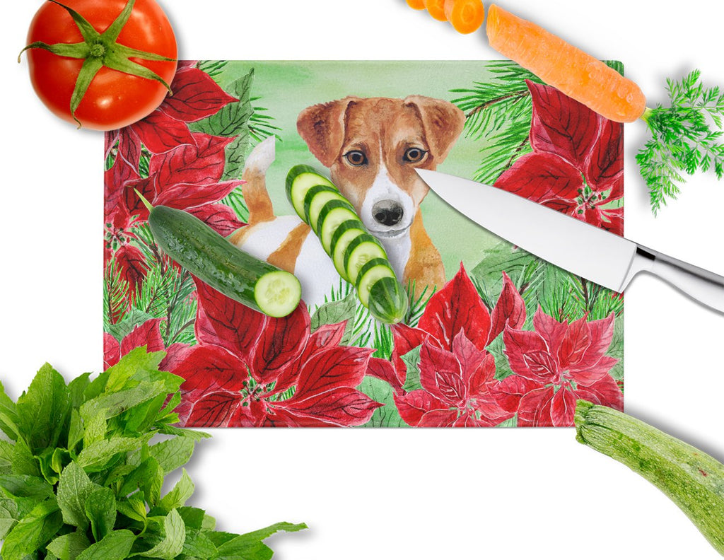 Jack Russell Terrier Poinsettas Cutting Board Tempered Glass Kitchen Cutting Surface, Heat Resistant Chopping, Non-Slip Feet, Food Prep & Serving