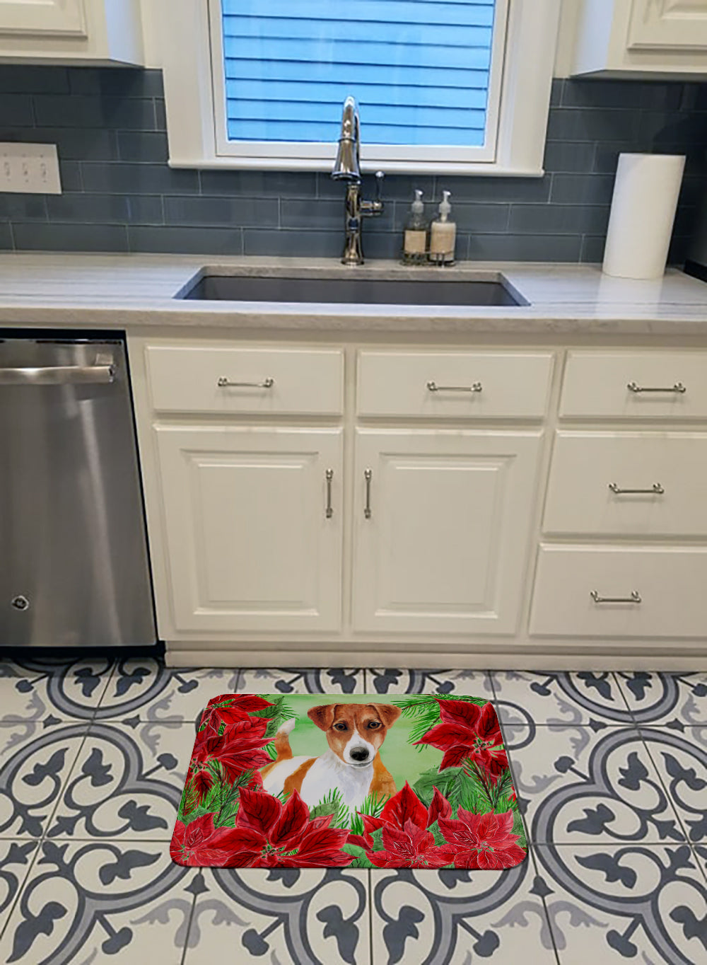 Jack Russell Terrier Poinsettas Memory Foam Kitchen Mat Machine Washable Anti-Fatigue Cushion Comfort Bath or Kitchen Rug