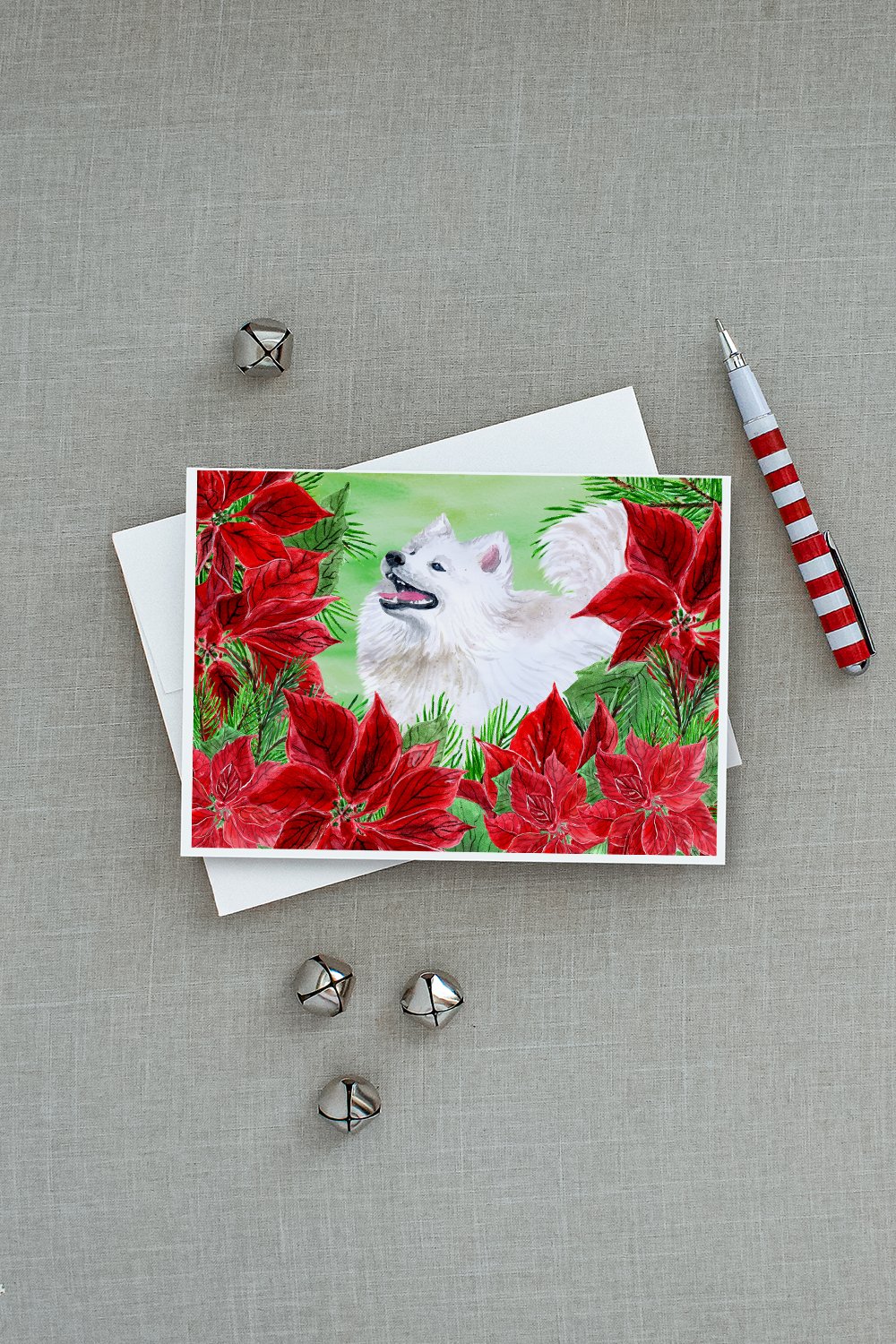 Samoyed Poinsettas Greeting Cards Pack of 8 Blank Cards with Envelopes Whimsical A7 Size 5x7