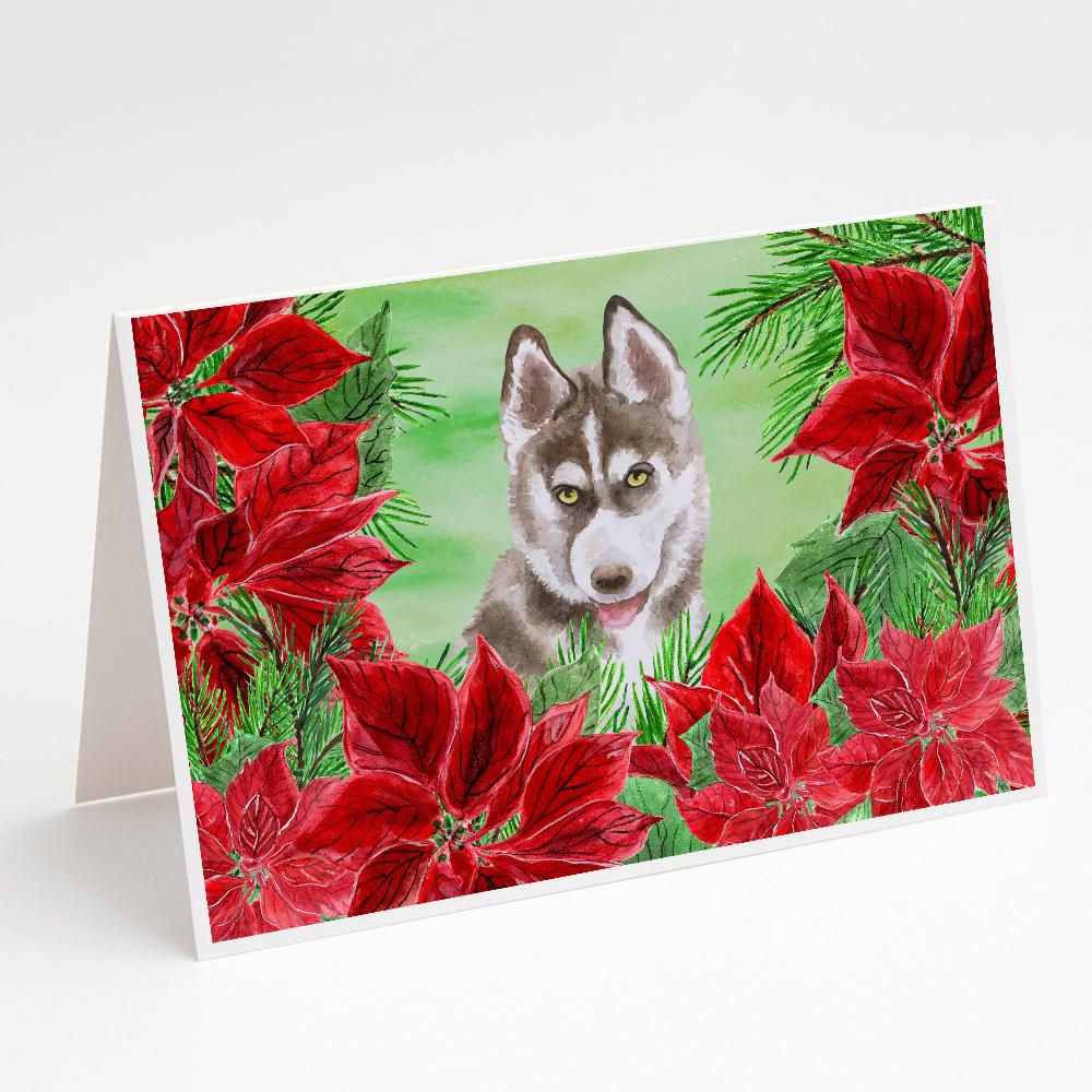 Siberian Husky Grey Poinsettas Greeting Cards Pack of 8 Blank Cards with Envelopes Whimsical A7 Size 5x7