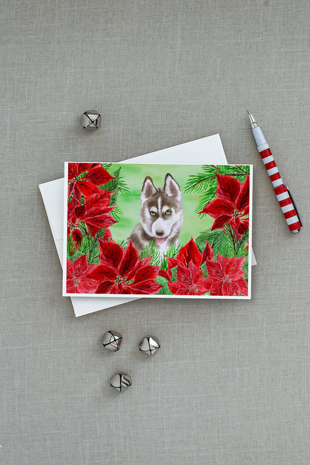 Siberian Husky Grey Poinsettas Greeting Cards Pack of 8 Blank Cards with Envelopes Whimsical A7 Size 5x7