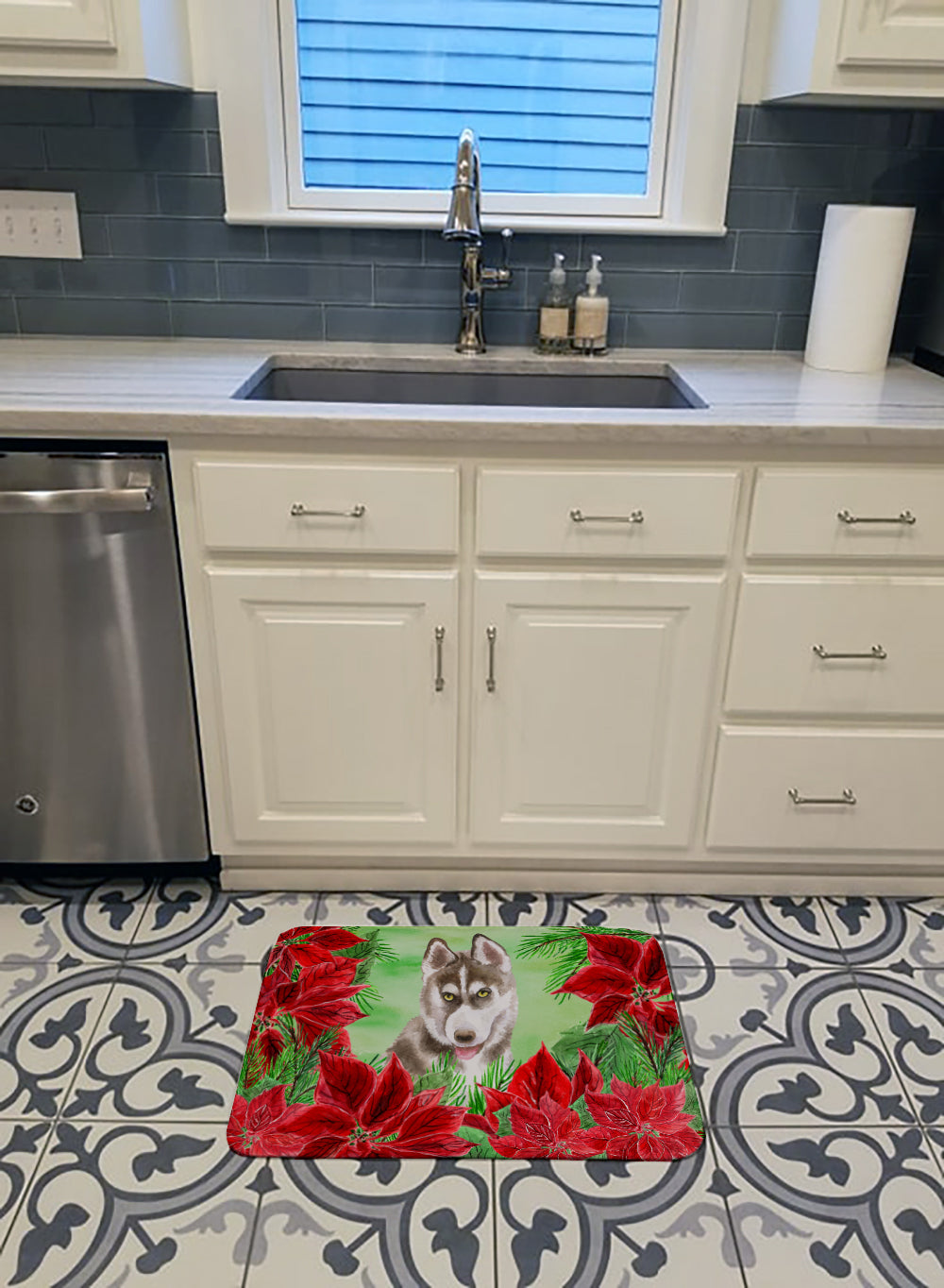 Siberian Husky Grey Poinsettas Memory Foam Kitchen Mat Machine Washable Anti-Fatigue Cushion Comfort Bath or Kitchen Rug