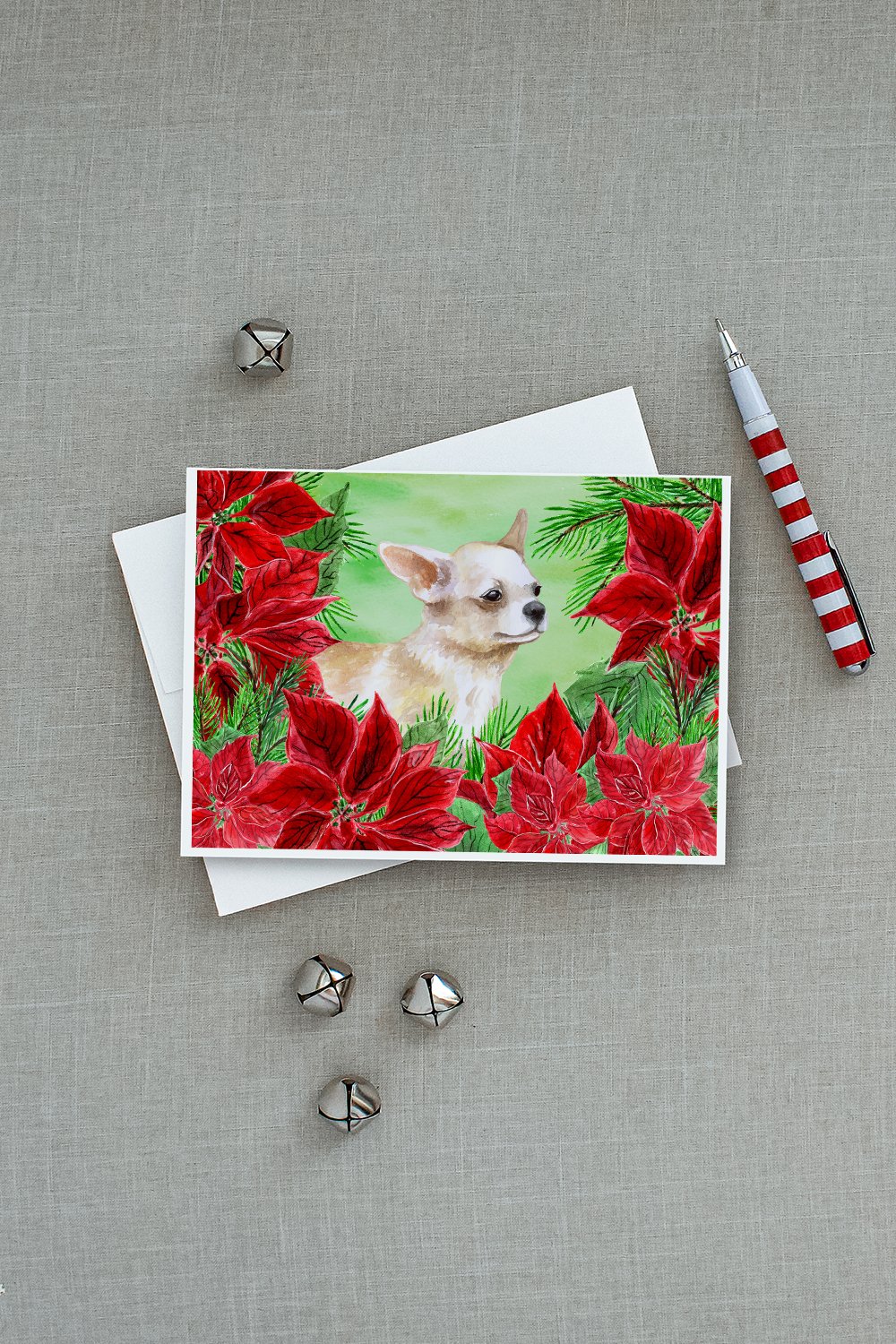 Chihuahua Leg up Poinsettas Greeting Cards Pack of 8 Blank Cards with Envelopes Whimsical A7 Size 5x7