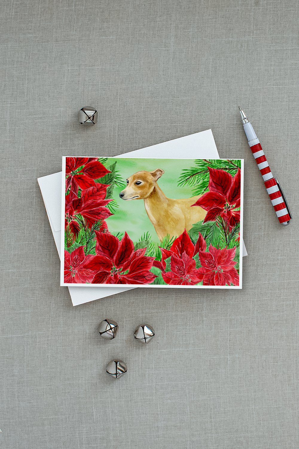 Italian Greyhound Poinsettas Greeting Cards Pack of 8 Blank Cards with Envelopes Whimsical A7 Size 5x7
