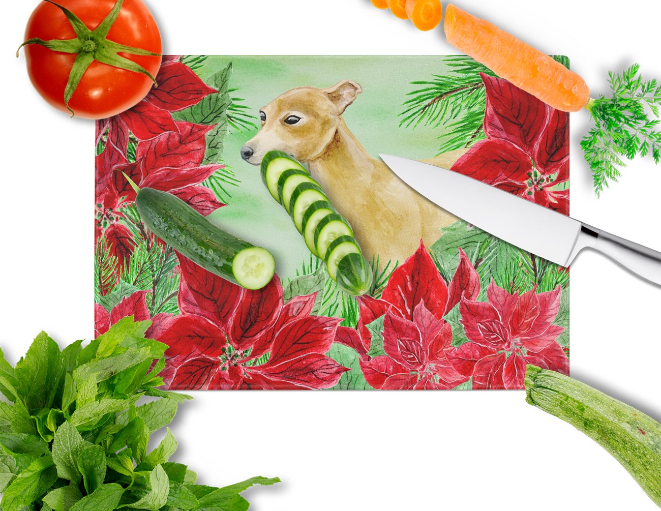 Italian Greyhound Poinsettas Cutting Board Tempered Glass Kitchen Cutting Surface, Heat Resistant Chopping, Non-Slip Feet, Food Prep & Serving