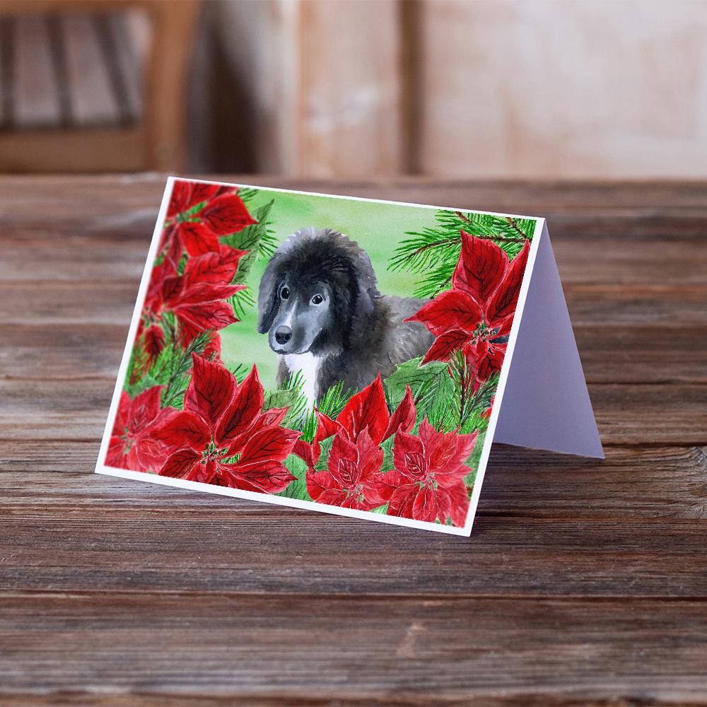 Newfoundland Puppy Poinsettas Greeting Cards Pack of 8 Blank Cards with Envelopes Whimsical A7 Size 5x7