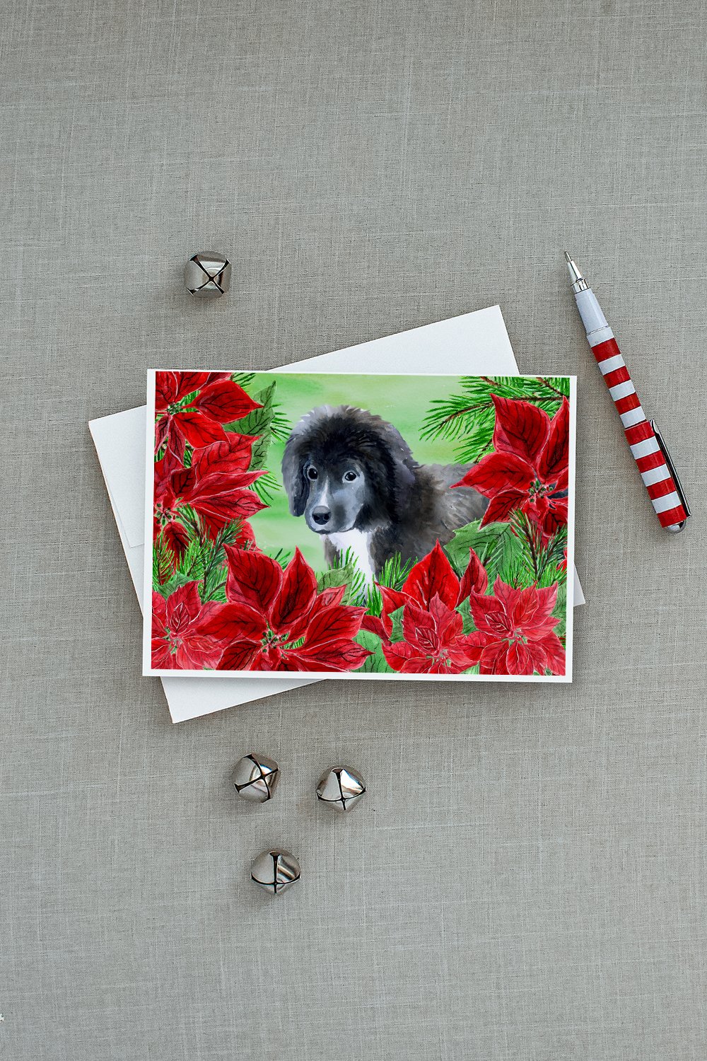 Newfoundland Puppy Poinsettas Greeting Cards Pack of 8 Blank Cards with Envelopes Whimsical A7 Size 5x7