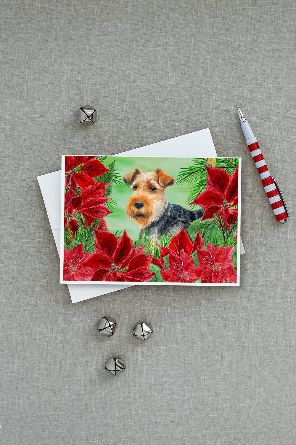 Welsh Terrier Poinsettas Greeting Cards Pack of 8 Blank Cards with Envelopes Whimsical A7 Size 5x7