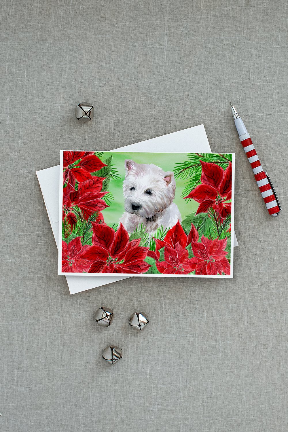 Westie Poinsettas Greeting Cards Pack of 8 Blank Cards with Envelopes Whimsical A7 Size 5x7