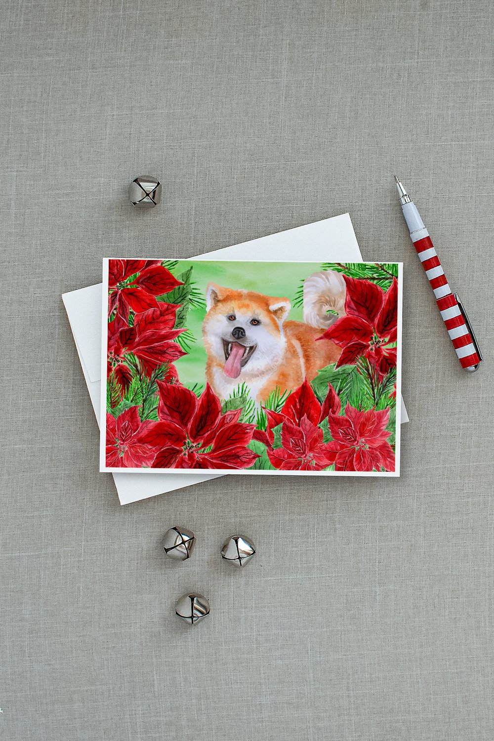 Akita Poinsettas Greeting Cards Pack of 8 Blank Cards with Envelopes Whimsical A7 Size 5x7
