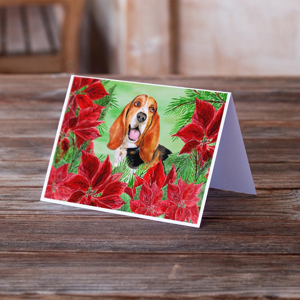 Basset Hound Poinsettas Greeting Cards Pack of 8 Blank Cards with Envelopes Whimsical A7 Size 5x7