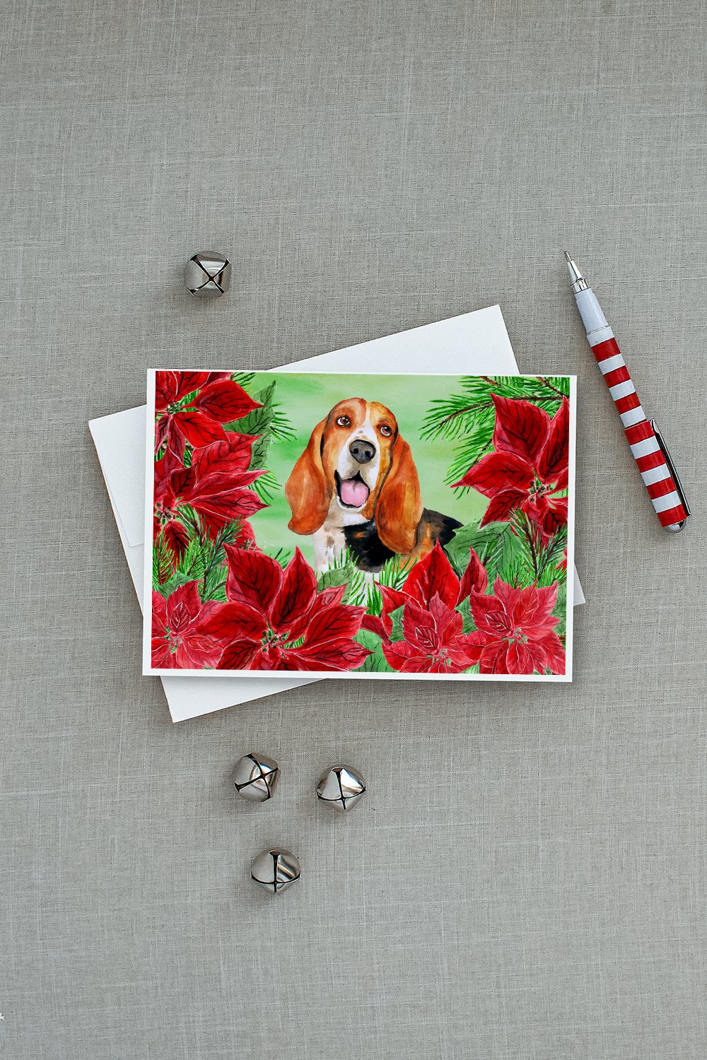 Basset Hound Poinsettas Greeting Cards Pack of 8 Blank Cards with Envelopes Whimsical A7 Size 5x7