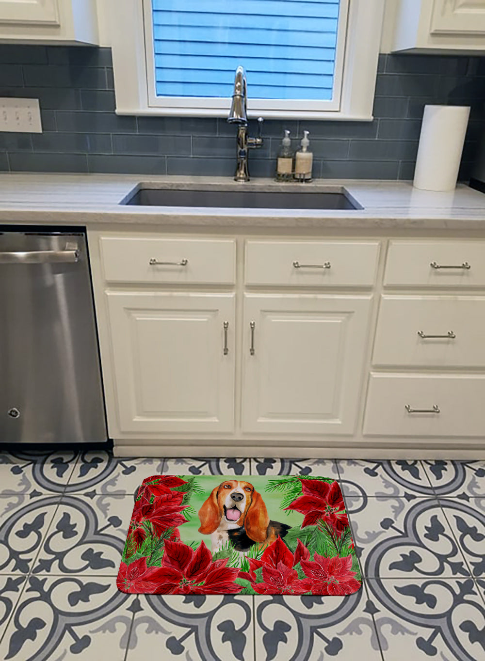 Basset Hound Poinsettas Memory Foam Kitchen Mat Machine Washable Anti-Fatigue Cushion Comfort Bath or Kitchen Rug