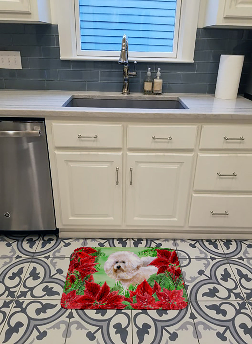 Bichon Frise #2 Poinsettas Memory Foam Kitchen Mat Machine Washable Anti-Fatigue Cushion Comfort Bath or Kitchen Rug