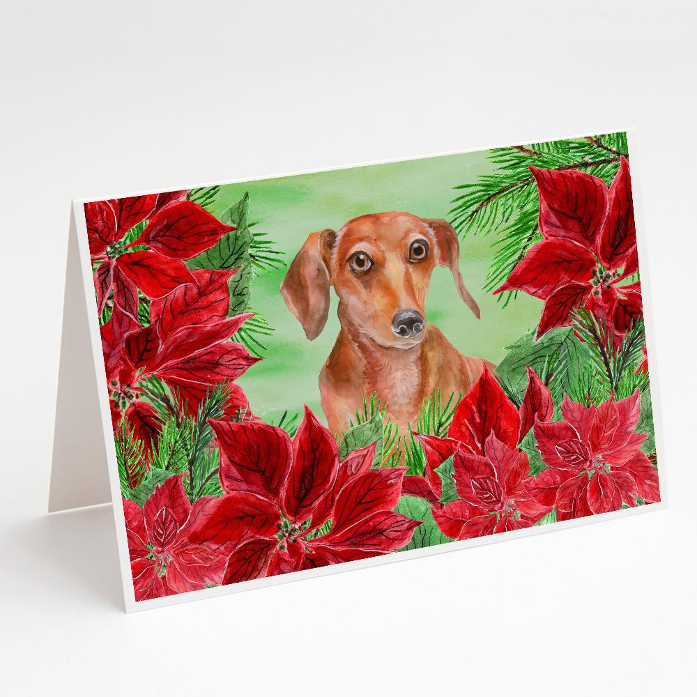 Red Dachshund Poinsettas Greeting Cards Pack of 8 Blank Cards with Envelopes Whimsical A7 Size 5x7