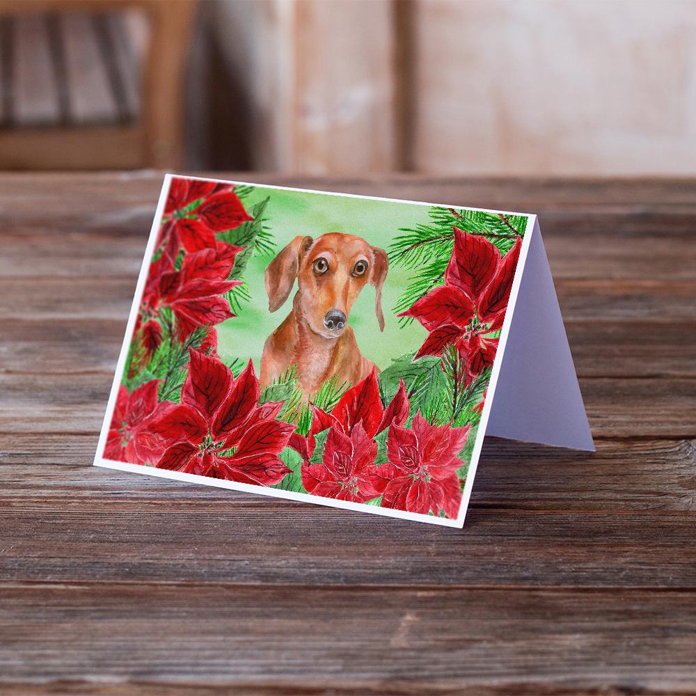 Red Dachshund Poinsettas Greeting Cards Pack of 8 Blank Cards with Envelopes Whimsical A7 Size 5x7