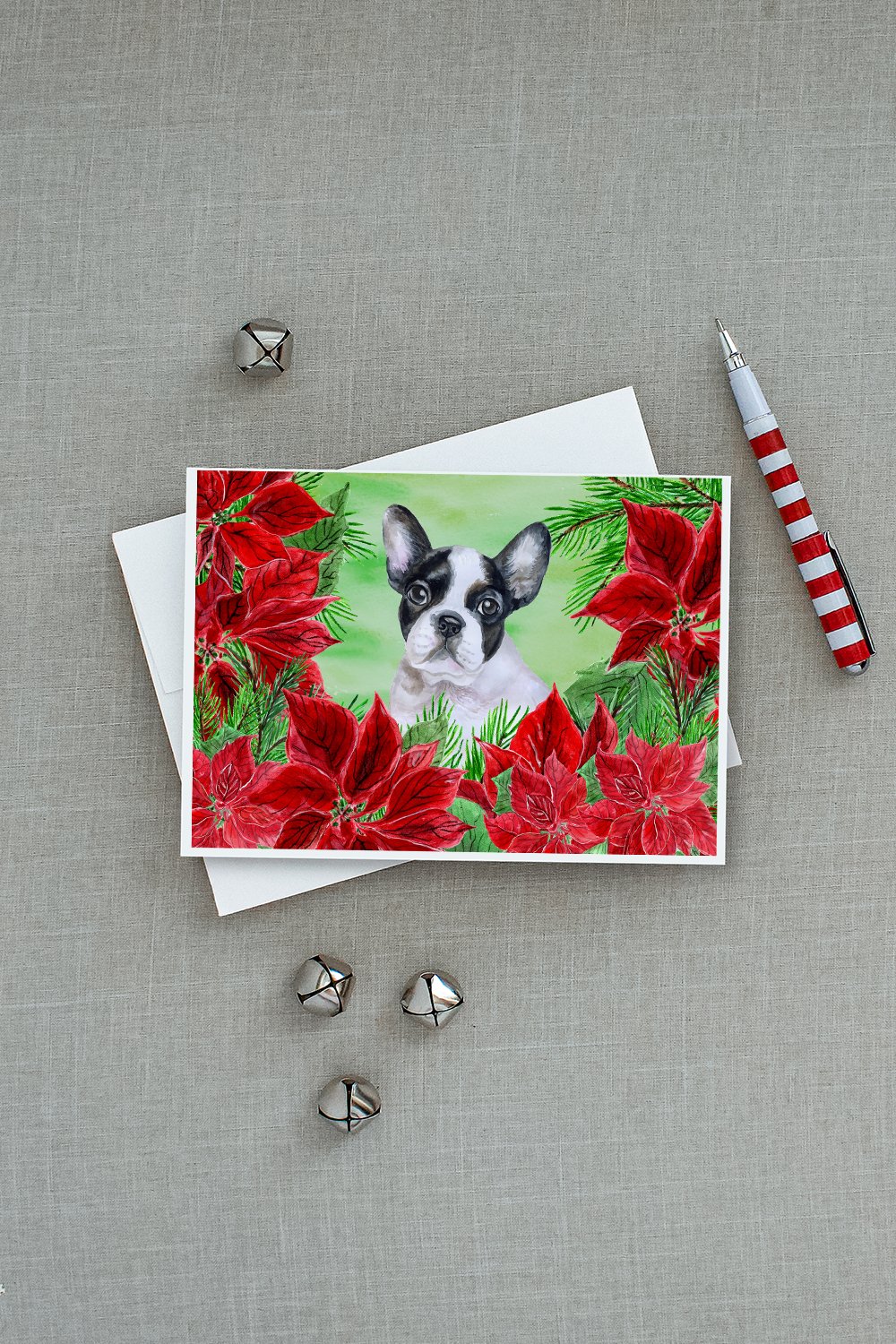 French Bulldog Black White Poinsettas Greeting Cards Pack of 8 Blank Cards with Envelopes Whimsical A7 Size 5x7