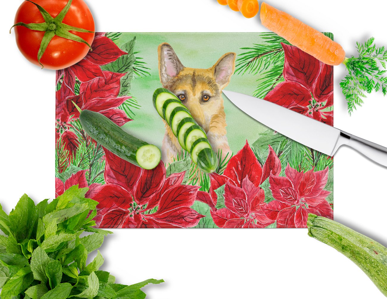 German Shepherd #2 Poinsettas Cutting Board Tempered Glass Kitchen Cutting Surface, Heat Resistant Chopping, Non-Slip Feet, Food Prep & Serving
